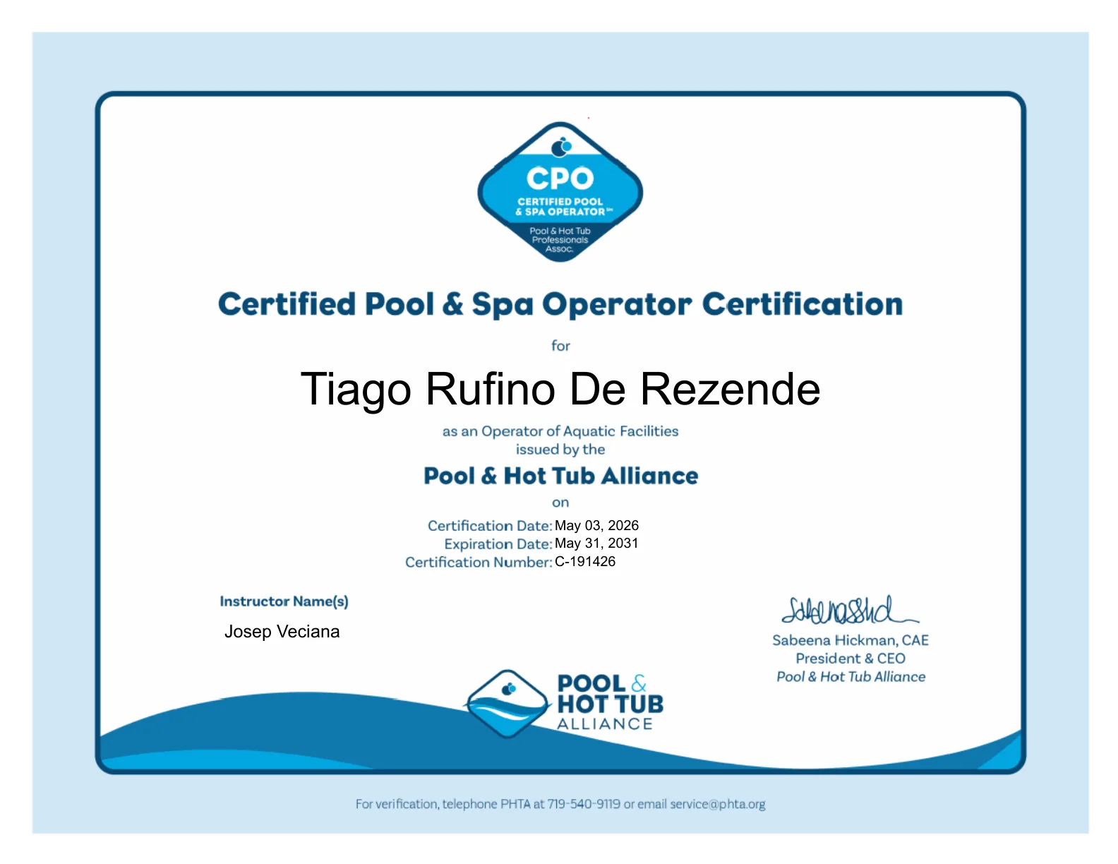 Certified Pool and Spa Operator certificate for Tiago Rufino De Rezende