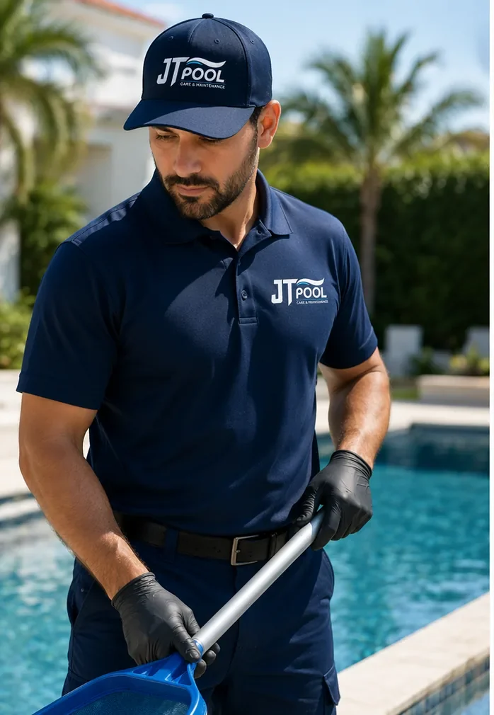 JT Pool technician servicing a pool